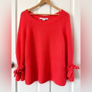 Project Naadam Sweater Tie Bow Bell Sleeve Scoop Neck Bright Coral Chunky Knit M